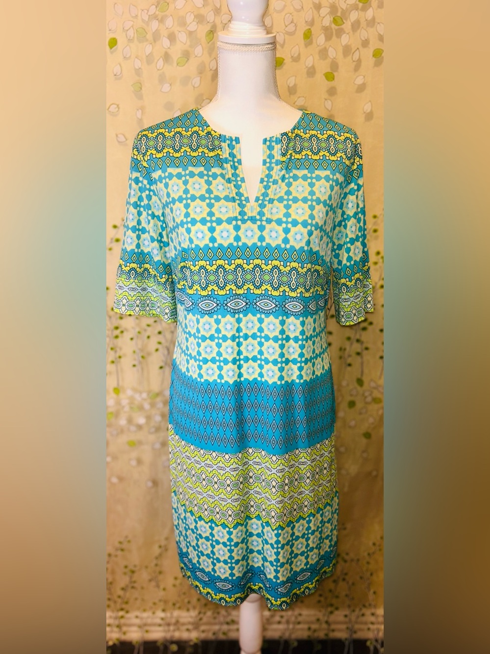 Donna Morgan Mod Geometric Shift Dress Blue Green Split V-Neck Preppy Boho Sz 10